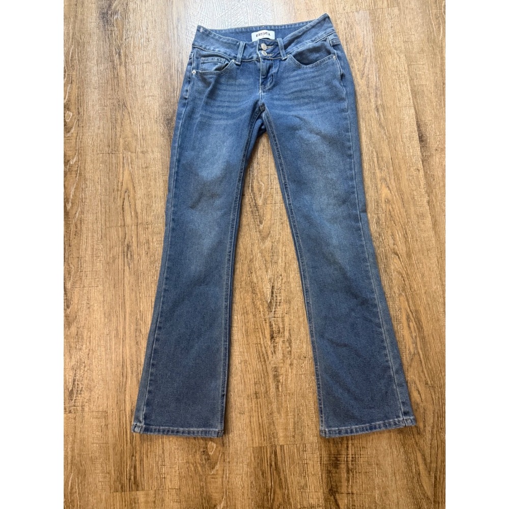 RSQ Flare Jeans Blue Denim High Rise Double Button Size 24 Slim Fit Stretch
